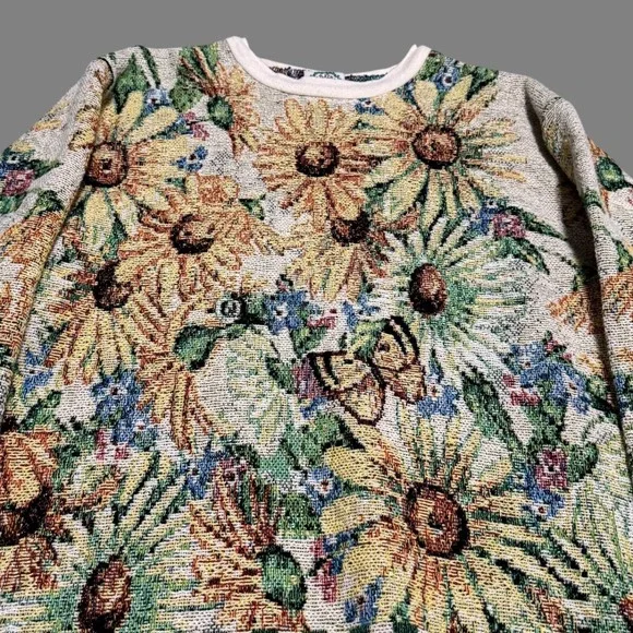 Vintage 90s Sugar Sreet Weavers Sunflower Butterfly AOP Sweater Women's Large - Picture 2 of 8